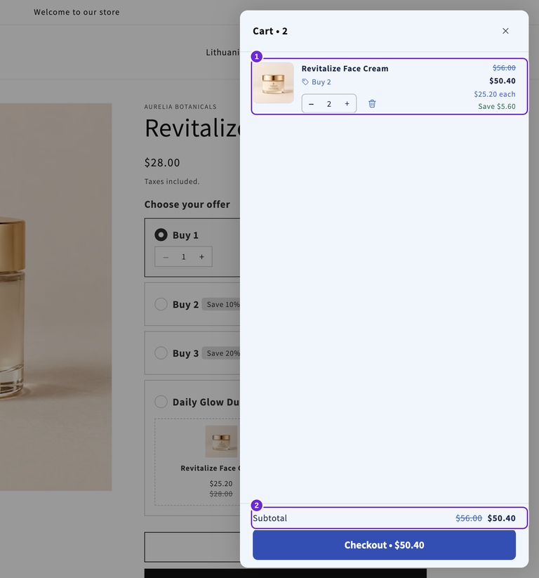Twee crèmes van elk $25.20, een regeltotaal van $50.40 en een oorspronkelijk subtotaal van $56.