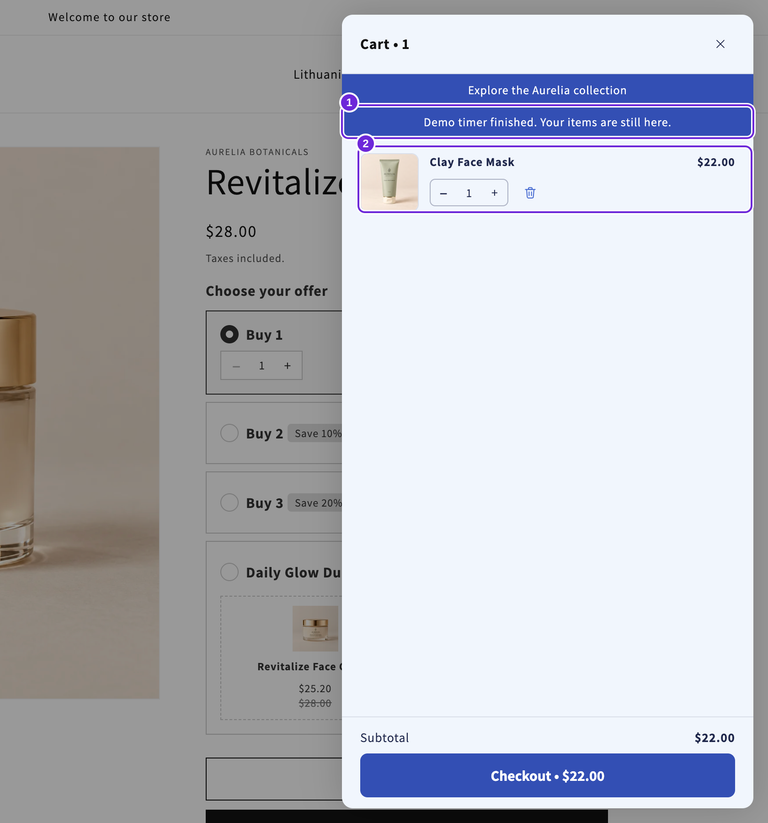 Den afsluttede nedtælling viser en meddelelse, mens Clay Face Mask stadig er i kurven.