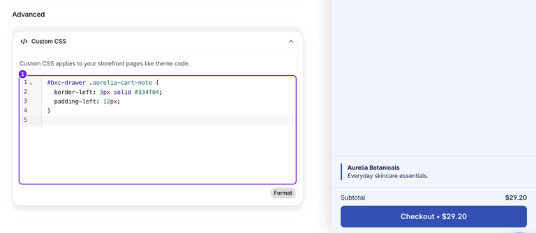 Editor de código CSS personalizado expandido en Avanzado, con una regla delimitada para la nota de Aurelia dentro de bxc-drawer.