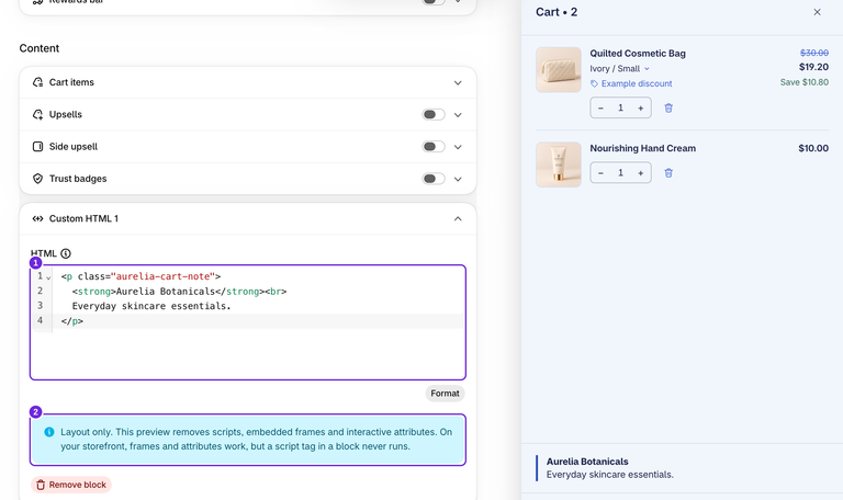 Editor de código HTML personalizado con una nota de marca de Aurelia, números de línea, un botón Formatear y un aviso sobre el comportamiento de la vista previa.