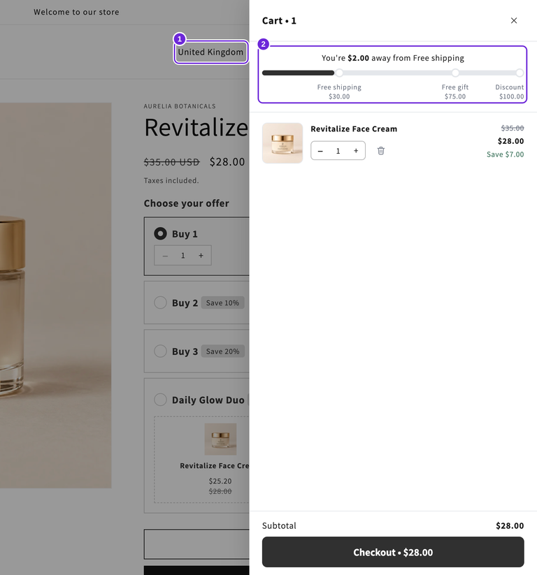 United Kingdom storefront with a $30 shipping milestone and one $28 cream, showing $2 remaining.