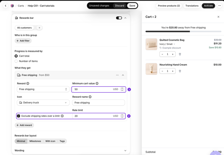 Livello di spedizione gratuita con un valore minimo del carrello di $50 e un limite della tariffa di spedizione di $20.