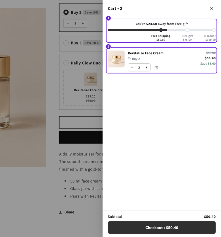 Drawer attivo con il traguardo di spedizione gratuita di $50 sbloccato con due creme del costo di $50.40.