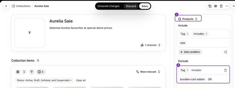 Edytor kolekcji Shopify pokazujący źródło produktów, które obejmuje produkty z tagiem wyprzedaży oraz niezapisane wykluczenie dla tagu bundlex-cart-addon.