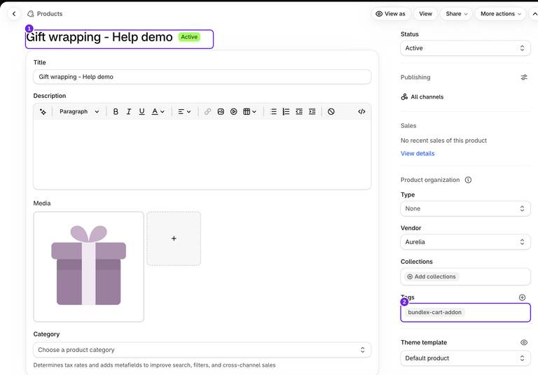 Strona produktu Shopify z demonstracyjnym pakowaniem prezentowym, ze statusem Aktywny i tagiem bundlex-cart-addon w sekcji Organizacja produktu.