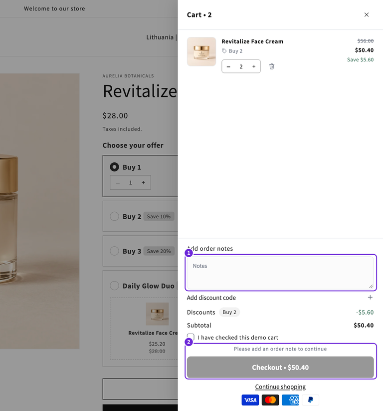 Una nota obligatoria vacía mantiene el checkout desactivado y muestra un mensaje explicativo.