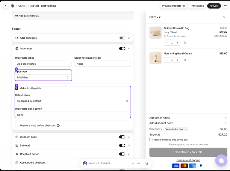 Nota de pedido opcional de varias líneas con configuración de hoja contraída y etiqueta editable para Listo.