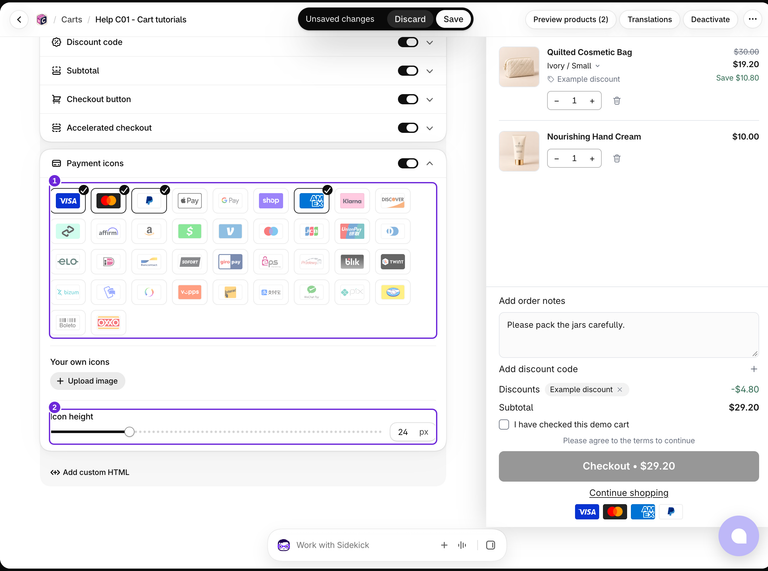 Scelta delle icone dei metodi di pagamento, controllo per il caricamento e altezza delle icone di 24 pixel.