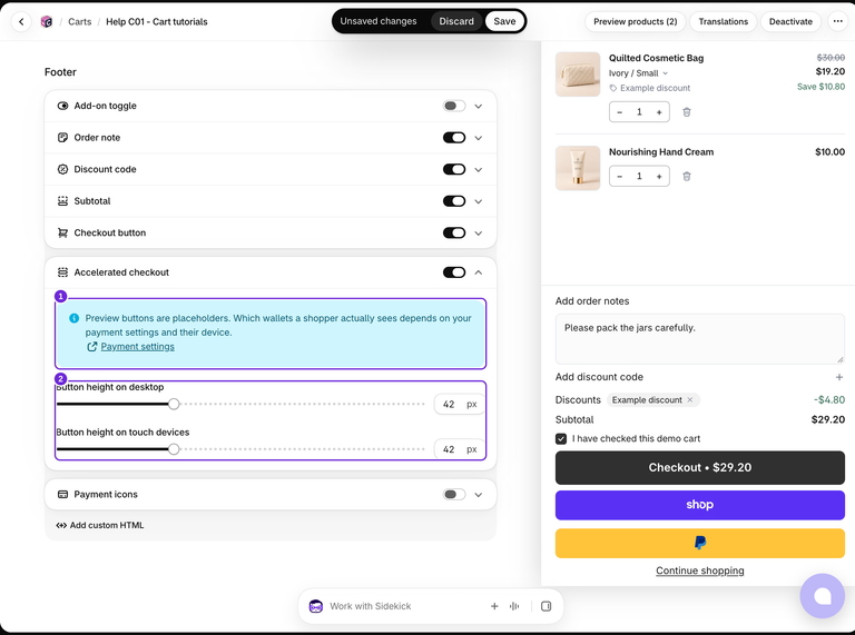 Controlli del pagamento accelerato con un avviso segnaposto e altezze separate per desktop e dispositivi touch.