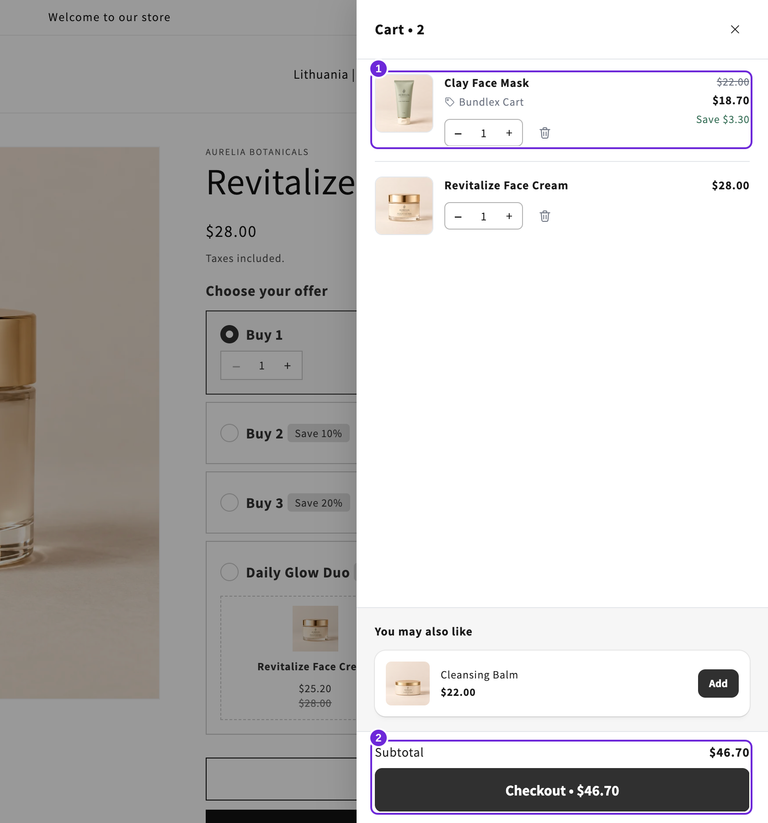 Carrinho da Aurelia em tempo real contendo uma máscara com desconto de $18.70 e um creme facial de $28, com subtotal de $46.70 e apenas o bálsamo ainda sugerido.