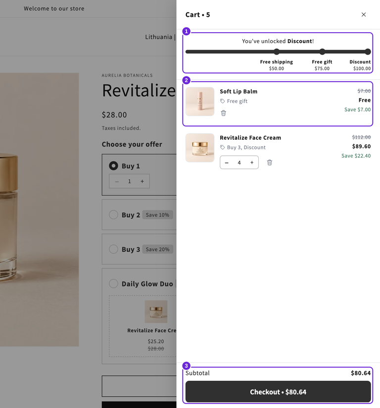 Barra dei premi attiva con spedizione, regalo e sconto sbloccati, un balsamo labbra gratuito, quattro creme e un subtotale di $80.64.