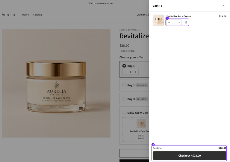 Strona produktu Aurelia z otwartym Bundlex Cart, jednym kremem do twarzy Revitalize, selektorem ilości, sumą częściową 28 USD i przyciskiem przejścia do kasy.